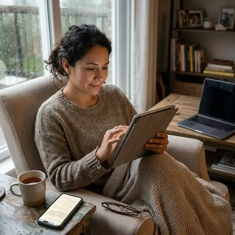 Un momento de calma leyendo el devocional en tablet