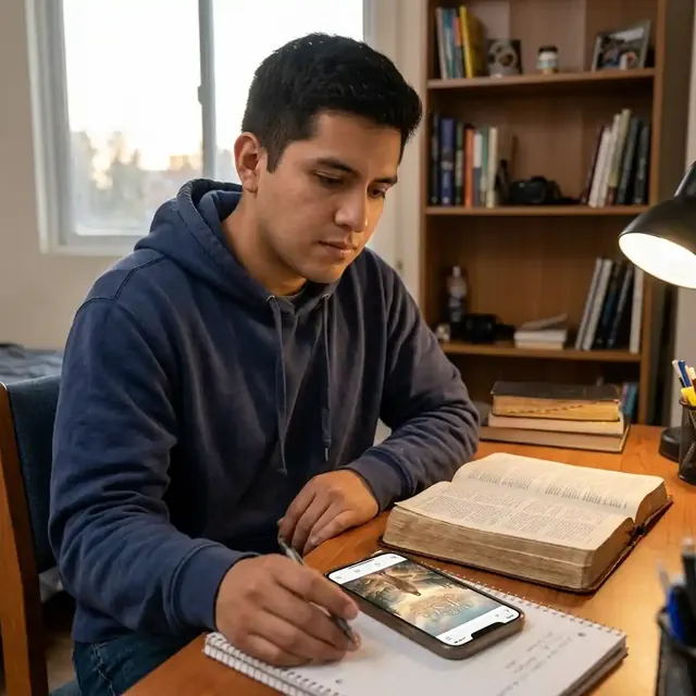 Por la mañana, con la Biblia y el devocional en el celular